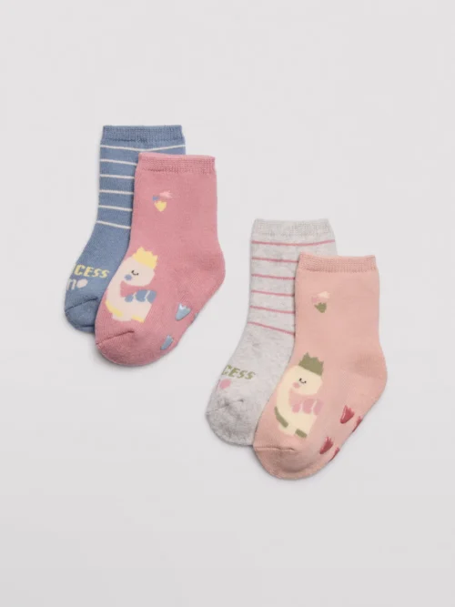 Pacote de 2 meias térmicas antiderrapantes para bebê com estampas de princesa dinossauro