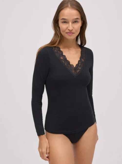 Camisola de algodão de manga comprida com renda